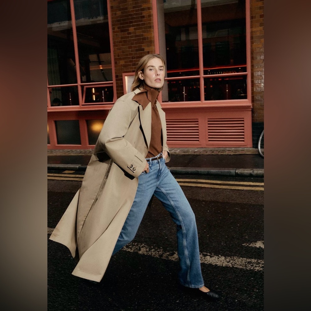 Zara Beige Trench Coat with Brown Sweater Accent - Picture 2 of 8